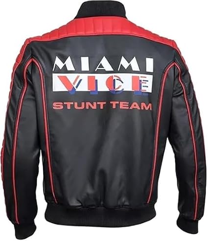 Superlative Mens Miami Stunt Team Ryan Gosling Black/Red Bomber Leather Jacket- Fall Guy Vice Black Bomber Jacket