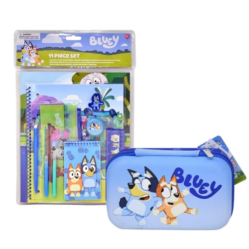 Bluey School Supply Set, 11 Piece Stationery Bundle with Hard Bluey Pencil Case, Folders, Notebook, 3 Years