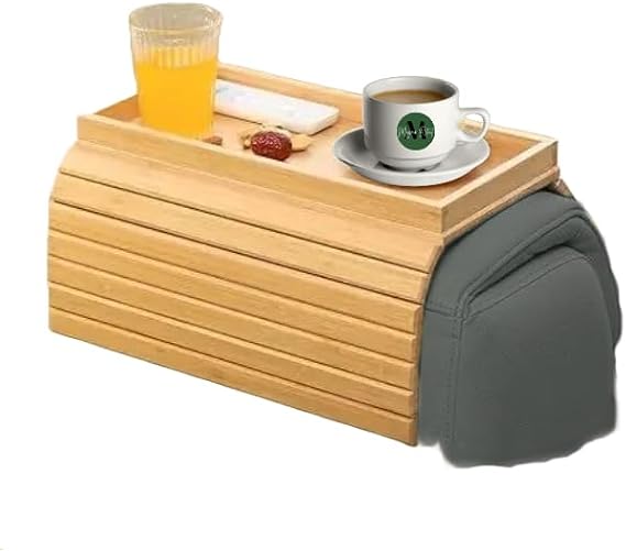 Bamboo Sofa Arm Tray, Foldable Couch Armrest Table & Remote Control Holder | Couch Roll Armchair Caddy with Raised Edge for Drinks, Phones & Remotes - Wooden Armrest Tray and Couch Cup Holder Side Table