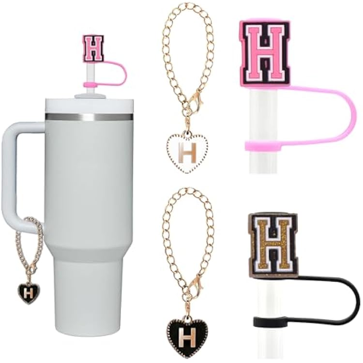 Linmaya Stanley Cup Accessories, 2PCS Letter Straw Cover For Stanley Cup 4030oz with 2 Letter Charms, Initial Straw Topper and Charms