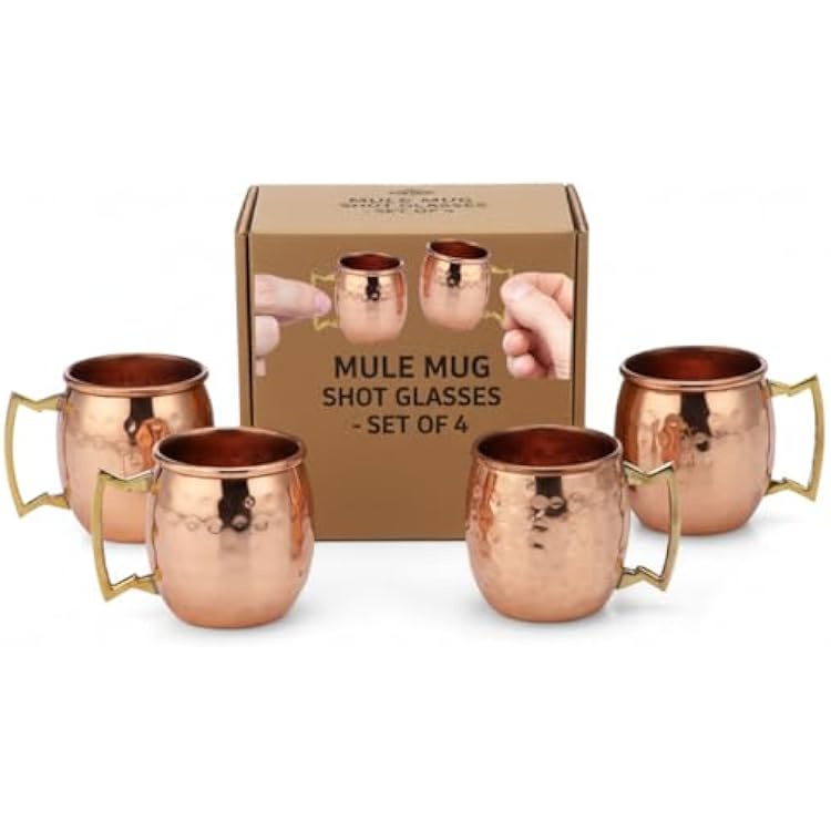 Modern Home Handmade Hammered Copper Moscow Mule Shot Glasses 2oz Mini Mug 100% Pure Copper Leakproof Welded Handle Artisan Made Great for Gifts, Bars & Parties Set of 4