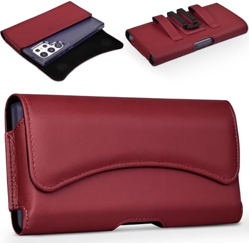 Leather Phone Holster Compatible with iPhone 17e 16e Cell Phone Belt Holder Case with Clip for Men Women Fits Protective Cover on, Red