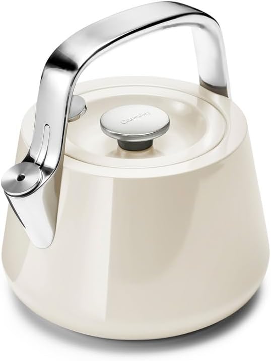 Caraway 2 Quart Whistling Tea Kettle, Durable Stainless Steel Tea Pot | Fast Boiling, Stovetop Agnostic, Non-Toxic, PTFE and PFOA Free, Holder, Cream
