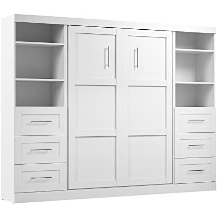 Bestar Pur Full Murphy Bed and 2 Shelving Units with Drawers, 109-inch Space-Saving Sleeping Arrangement in White