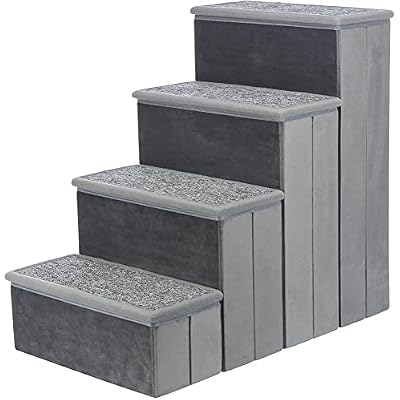 Trixie Velour Dog Stairs with Tread Steps - 4 Step Pet Stairs for Beds and Couches - Foldable with Additional Storage Space - Gray