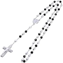 Rosary 6 mm Black Bead Gold and Silver Tone Guadalupe & Jesus Cross 28" Necklace HR 600