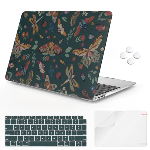 iCasso Compatible with MacBook Air 13 inch Case 2020-2018 Release A2337 M1 A2179 A1932, Slim Anti-Scratch Protective Plastic Hard Shell CaseKeyboard Cover for Mac Air 13.3-Green Butterfly