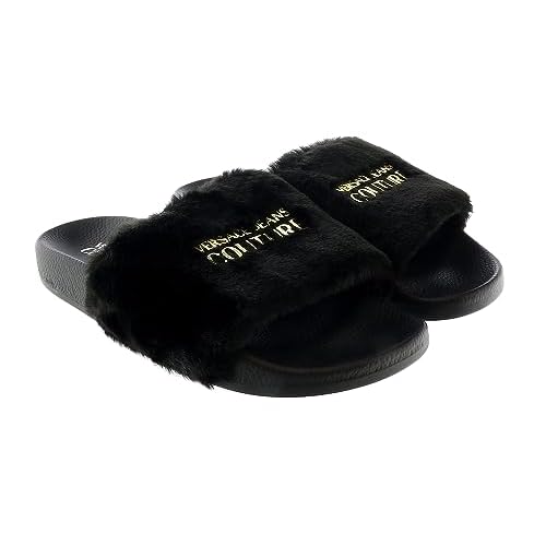 VERSACE JEANS COUTURE Womens Black Faux Fur Signature Slides-