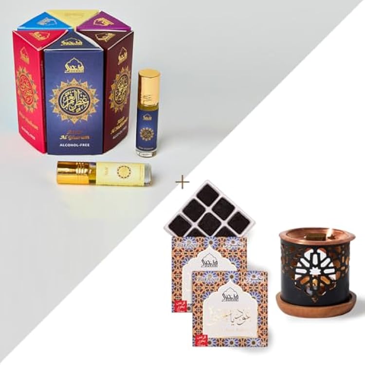 Oud Ya Aini Bakhoor Set & Yemeni Attar Oil Set by Dukhni | 2x9pc bakhoor, Signature Burner & 6 Bottles x 6ml Each | Arabic Incense & Fragrance Oils | Floral Woody Oud Blend | Perfect for Prayer Tim
