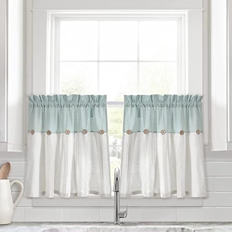 Lush Decor Linen Button Farmhouse Kitchen Tier Curtain Set, Pair, 29 W x 24 L, Blue & White Pack of 6
