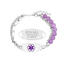 Uloveido Custom Engraved Medical ID Bracelet for Women - Suitable for Emergency Use - Asymmetrical Double Layer Style - Adjustable Half Natural Stone Beaded and Paperclip Chain