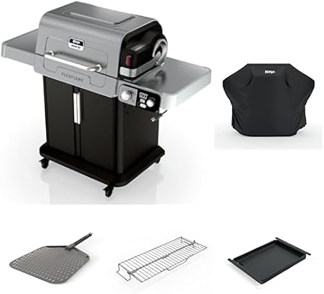 Ninja FlexFlame, Master Grill Pack, Electric & Propane 5-in-1 Cooking System Includes FlexFlame Premium Grill Cover, 16" Perforated Pizza Peel, Half Griddle, Expandable Roast & Smoke Rack
