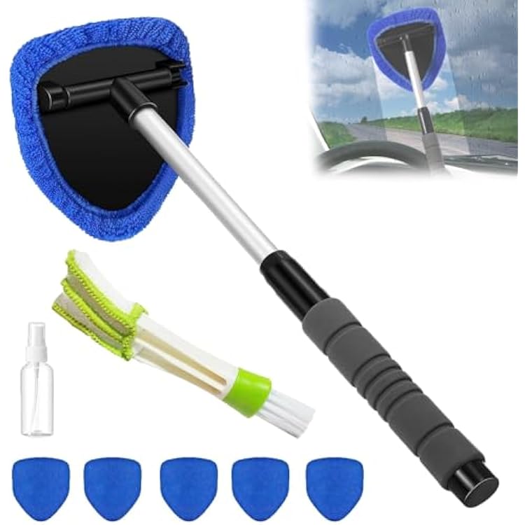 Micro Fiber Wiper for Windshield, Windshield Cleaning Tool Microfiber Car Wiper Cleaner Glass Brush, Microfiber Car Window Cleaner with 5 Reusable and Washable Microfiber Pads Blue