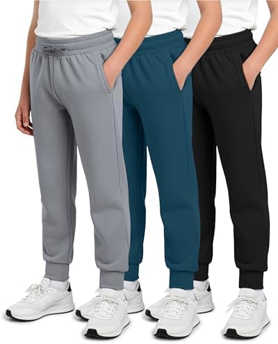 Real Essentials 3 Pack: Boys' Cotton Fleece Jogger Sweatpants - Active Athletic Youth Pants for Teens with Pockets