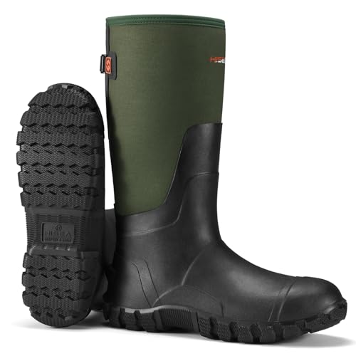 HISEA Upgraded Mens Rain Boots, Waterproof Insulated Neoprene Rubber Boots with Steel Shank, Durable Anti-Slip Outdoor Work Boots for Hunting Gardening Farming Fishing Mud Working, Adjustable Calf