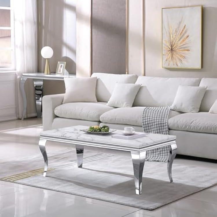 Faux Marble Coffee Table, Modern White Marble Center Table with Silver S-Shaped Stainless Steel Base, Luxury Rectangle Coffee Table Cocktail Table for Living Room Office