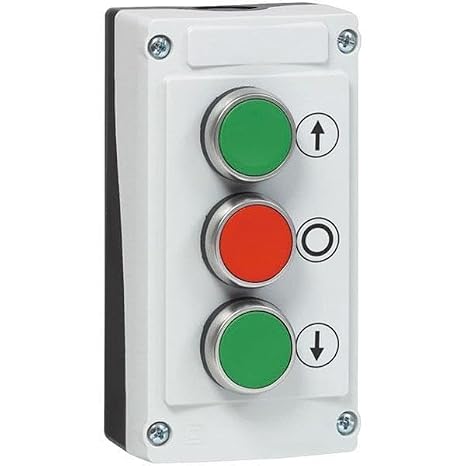 RADWELL RAD-ACS-3PP1 Assembled Control Station, 22 MM Green/RED/Green Flush MOMENTARY Control Station, 1 Normally Open (NO), 1 Normally Closed (NC), 1 Normally Open (NO), UP Arrow Symbol, Down