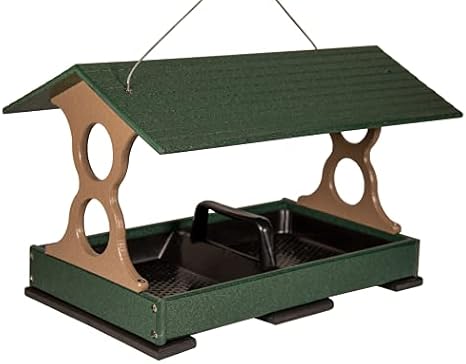 JCS Wildlife Fly Thru Bird Feeder for Outdoors, Covered Platform Feeder with Removable Seed Tray, Drainage Holes, Recycled Poly Lumber, Hang or Pole Mount, Made in USA, Green and Tan