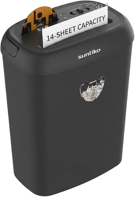 Suntiko 14-Sheet Cross Cut Heavy Duty Paper Shredder for Home Office | P-4 Security Level, Jam-Proof System, 6.6Gal Bin, Shredder for CDs & Credit Card,ETL Certified
