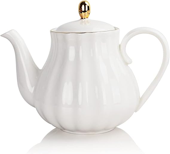 Sweejar Home Porcelain Tea Pot with Infuser and Lid,Teaware with Filter 890 ml for Tea/Coffee/Milk/Women/Office/Home/Gift (Pumpkin Shape, White1)