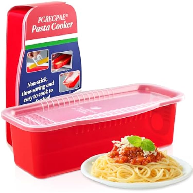 Microwave Pasta Pot with Strainer Lid & Measuring Cup Clip Quickly Cook 1-4 Servings-No Mess, Sticking or Waiting For Boil, Pasta Cooker in Microwave for Dorm Kitchen Office College Essential