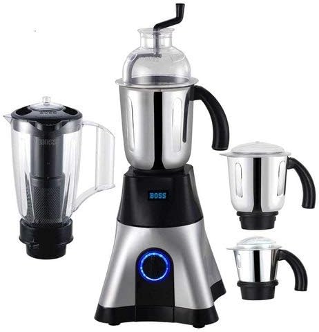 BOSS Cyclone 4-Jar Perfect Mixer Grinder Kitchen Grinding Genius 750 Watt Powerful Motor, 3 Variable Speed with Incher, 110V, Silver