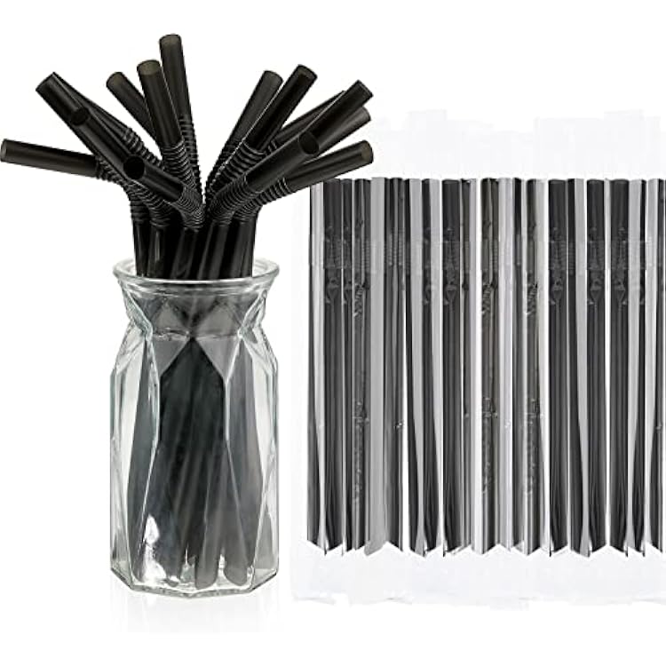 Tessco for you 300 Pcs 9.06 Inch Jumbo Smoothie Straws Large Bubble Tea Striped Plastic Straws Individually Wrapped Wide for Milkshake Juice DrinkingFlexible,Black