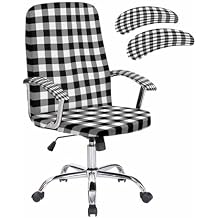 DecorLovee Black and White Checkered Office Chair Cover with Armrest Covers & Zipper, Farmhouse Buffalo Plaid Spandex Computer Chair Covers, Universal Rotating Desk Chair Slipcovers Protector, M