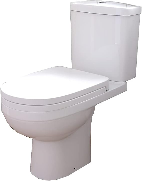 iBathUK Modern Bathroom Slimline Close Coupled D Shaped Pan Toilet with Cistern Short Seat WC Push Button Flush White - Sleek
