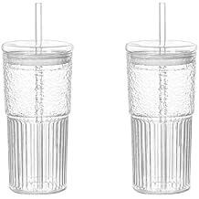 RCFINE 2pcs Glass Tumbler Glass Cup with Lid and Straw, Coffee Cup Drinking Cup for Coffee Juice Hot Cold Drinks (Transparent,18oz/540ml)