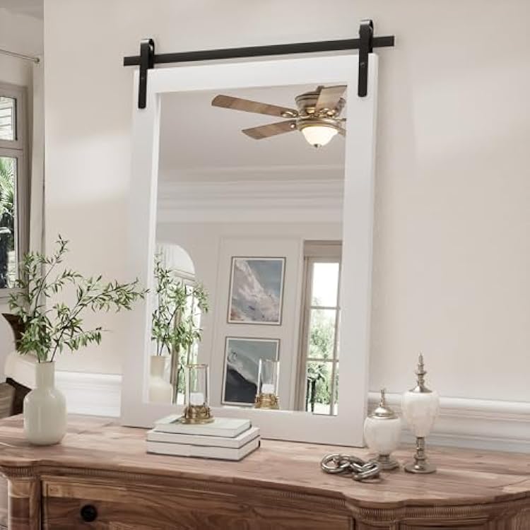 Farmhouse Bathroom Mirror, White Rustic Square Mirror for Wall Wood Framed Vanity Mirrors, Barn Door Style Decor Living Room Entryway Bedroom Mirrors, 18x26INCH HangingLeaning