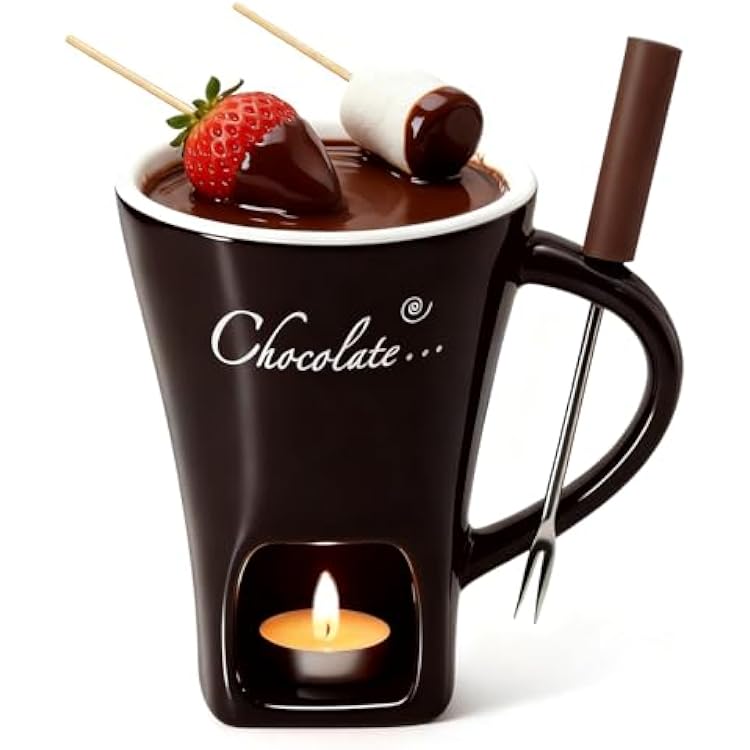 Chocolate Fondue Mug with Fork Set | Ceramic Chocolate Melting Cup | Personal Mini Cheese & Chocolate Melting Pot | Romantic Date Night Birthday Wedding Gift Brown