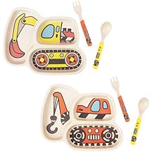 Kid Plate Set Bamboo Toddler Plates Dinnerware Dinner Dish Set Baby Feeding Spill Proof Divided Plate - Baby Spoon and fork 3-Piece Set for Kids and Toddlers (excavator/crane)