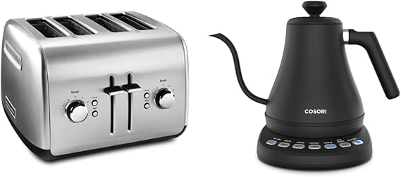 KitchenAid KMT4115SX 4-Slice Toaster, Metallic & Cosori Electric Gooseneck Kettle with 5 Variable Presets, Pour Over Kettle and Coffee Kettle, 0.8l, Matte Black