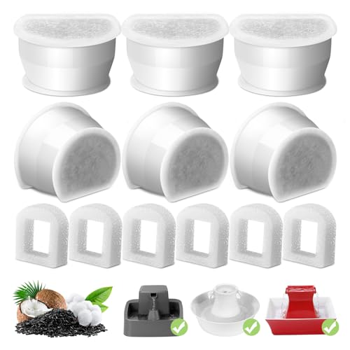6 Pack Cat Fountain Replacement Carbon Filters, 6 Pcs Water Fountain Filters & 6 Pcs Replacement Foam for Ceramic and Stainless Steel Pet Fountains Automatic Water Bowl Filters with Pre-Filter Foam