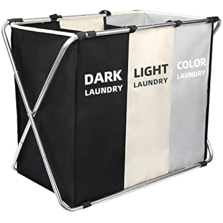Laundry Cloth Hamper Sorter Basket Bin Foldable 3 Sections with stainless steel Frame Washing Storage Dirty Clothes Bag for Bathroom Bedroom Home Storage Basket3 Liner, Whitegreyblack