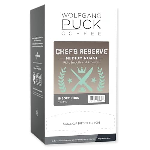 Wolfgang Puck Coffee, Chefs Reserve, Medium Roast, 9.5 Gram Soft Pods, 18 Count Pack of 1