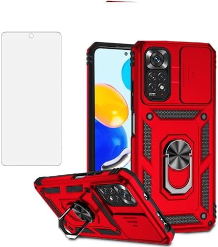 Asuwish Phone Case for Xiaomi Redmi Note 11S/11 4G with Slide Camera Cover Tempered Glass Screen Protector Ring Holder Stand Rugged Slim Cell Protective Redme Note11 S Note11S Women Men Red