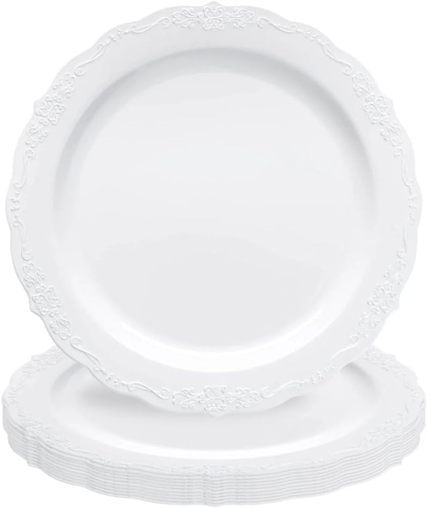 White Vintage Round Disposable Dinner Plates - 10 Packs of 10, Stylish Design, Perfect For Any Occasion