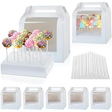 MGWOTH Cake Pop Boxes Packaging with Sticks Set, 5PCS Cakesicle Display Stand with Window, Portable Lollipops Transport Holder with 100Pcs Paper Sticks, Bakery Containers for Babyshower, Party