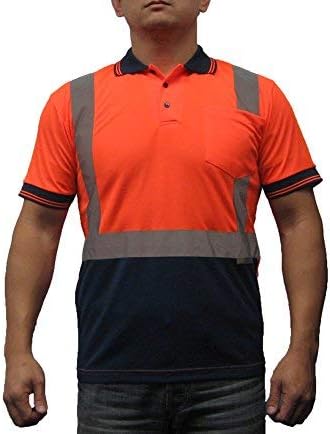 STP2200, ANSIISEA Class 2, Safety Polo Shirt, Dry-Fast, UV Protection, Reflective, Neon Orange wNavy Bottom