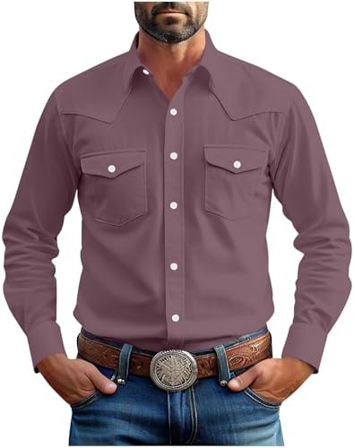 Western Cowboy Shirts for Men Long Sleeve Button Down Cotton Work Shirt Casual Jacket Tops with Pockets