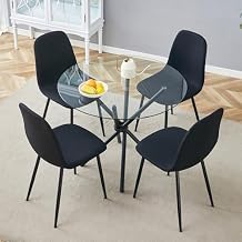Glass Dining Table Set for 4,36.6'' Round Dining Table Set with Upholstered Chairs, Thickened Tempered Glass Tabletop and Metal Table Legs,Ideal for Dining Room,Living Room
