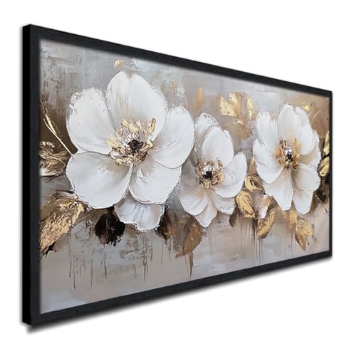Framed White and Gold Flower Painting Cream White Floral Canvas Print Abstact Artwork with Gold Accents Netral Modren Wall Art for Home Office Decor