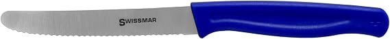 Swissmar Utility/Tomato Knife 4.3" German Stainless Steel Blade Swiss Made One-Piece Design Blue Polypropylene Handle Precision Cutting Safety Sleeve Included Kitchen Prep Knife