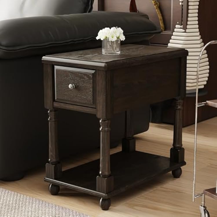 MODERION Solid Wood Narrow End Table with Drawer, Sofa Side Storage Shelves, Slim Nightstand, Telephone for Small Spaces, Living Room, Bedroom, 22x 13x 22.7 Easy Assembly Vintage Black BBJ004BK