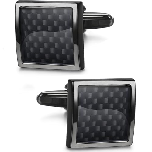 Gunmetal Black Cuff Links Mens, Carbon Fiber Cufflinks for Men Square Cufflink for French Cuff Shirt Black Cuff Link Mens Shirt for Wedding Business Formal Wear