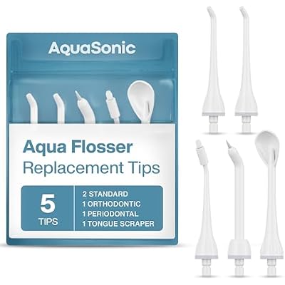 AquaSonic Genuine Aqua Flosser Replacement Tips - 5 Tips, 4 Types: Standard, Periodontal, Orthodontic & Tongue Scraper - Authentic Parts White