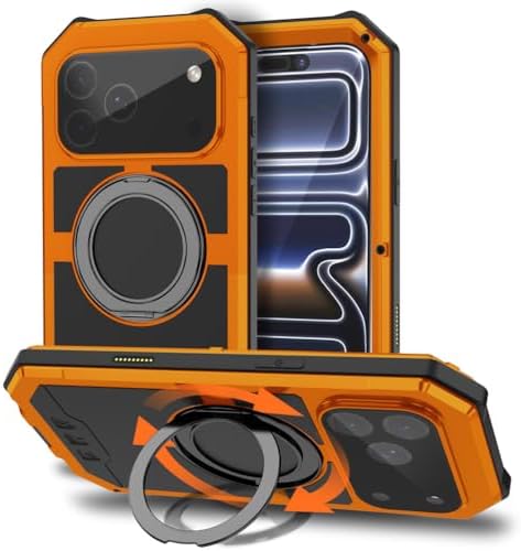 AXUEQIN-Metal Case for iPhone 17 Pro Max, Aluminum All -Inclusive Screen Protector Outdoor Cover with Ring Heavy Duty Shockproof Shell 17 Pro Max,Orange