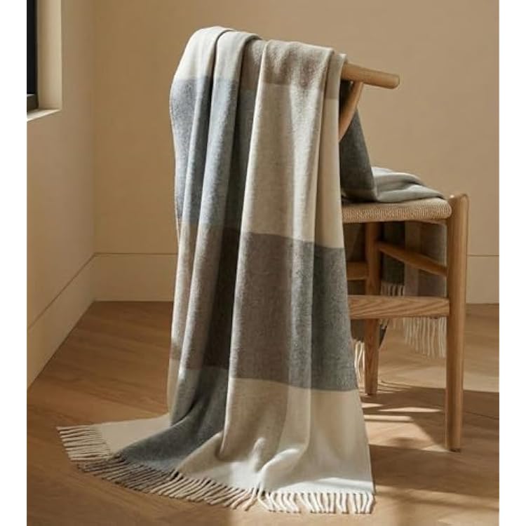 Karen Thomas 100% Australian Lambswool Throw Blanket with Fringe Premium Soft Woven Wool Accent for Couch, Sofa & Bed Neutral Check, 54 x 76 1 lb